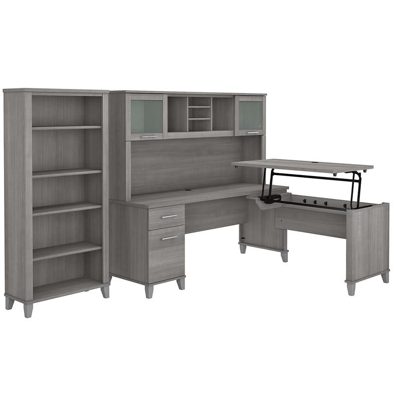 Pemberly Row Sit to St& L Desk with Hutch & Bookcase in Gray - Engineered Wood