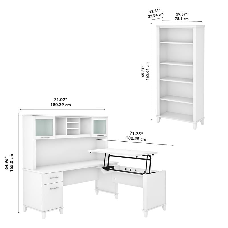 Pemberly Row Sit to St& L Desk with Hutch & Bookcase in White - Engineered Wood