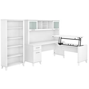 Pemberly Row Sit to St& L Desk with Hutch & Bookcase in White - Engineered Wood