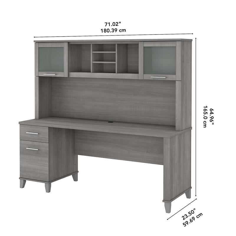 Pemberly Row 72W Office Desk with Drawers and Hutch in Gray - Engineered Wood