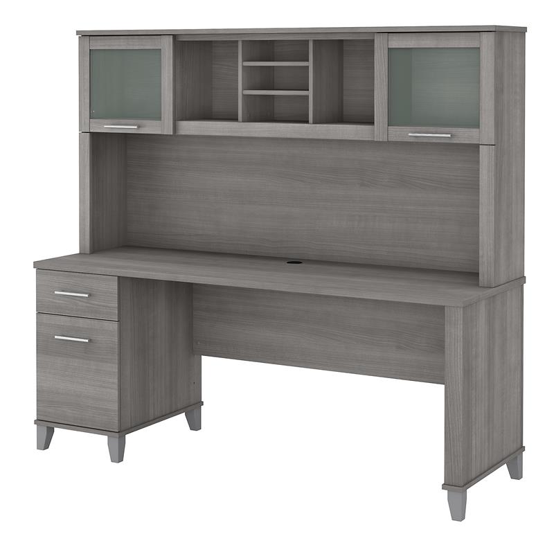 Pemberly Row 72W Office Desk with Drawers and Hutch in Gray - Engineered Wood