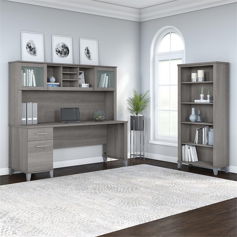 Pemberly Row 72W Desk with Hutch and Bookcase in Platinum Gray - Engineered Wood