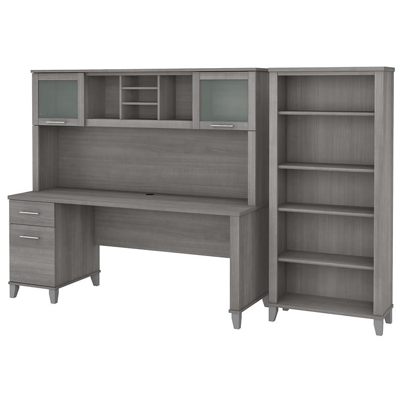 Pemberly Row 72W Desk with Hutch and Bookcase in Platinum Gray - Engineered Wood