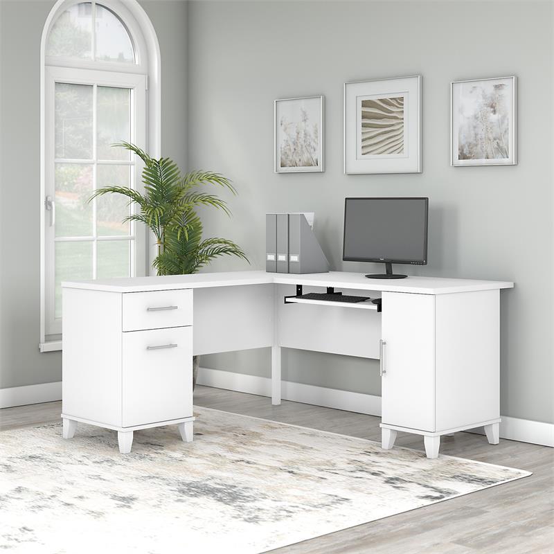 Pemberly Row 60W L Shaped Desk with Storage in White - Engineered Wood