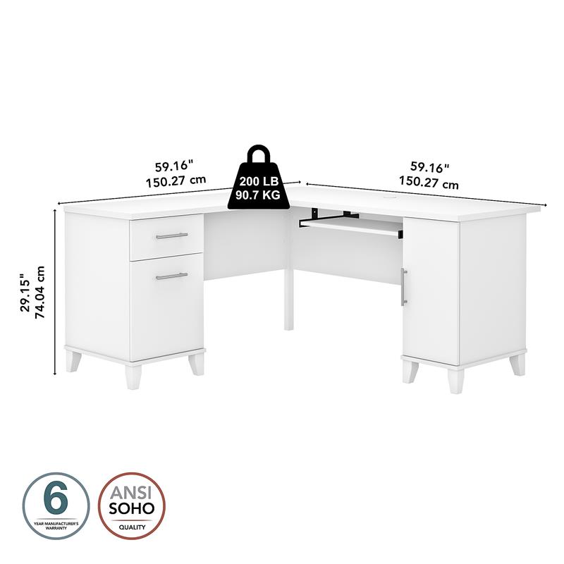 Pemberly Row 60W L Shaped Desk with Storage in White - Engineered Wood