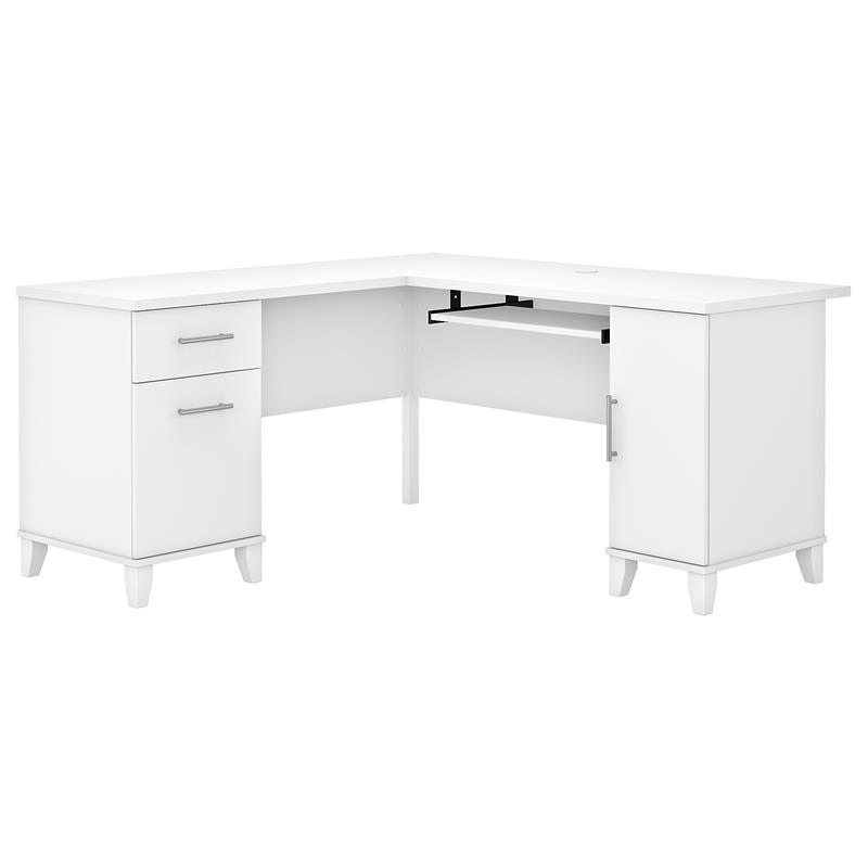 Pemberly Row 60W L Shaped Desk with Storage in White - Engineered Wood