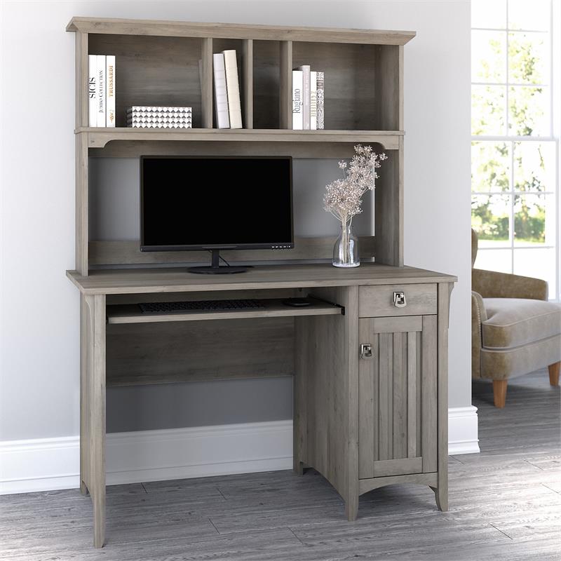 Pemberly Row Small Computer Desk with Hutch in Driftwood Gray - Engineered Wood