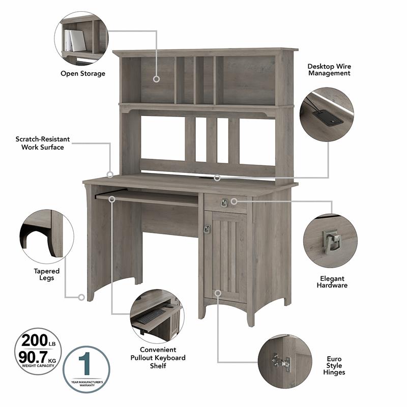 Pemberly Row Small Computer Desk with Hutch in Driftwood Gray - Engineered Wood