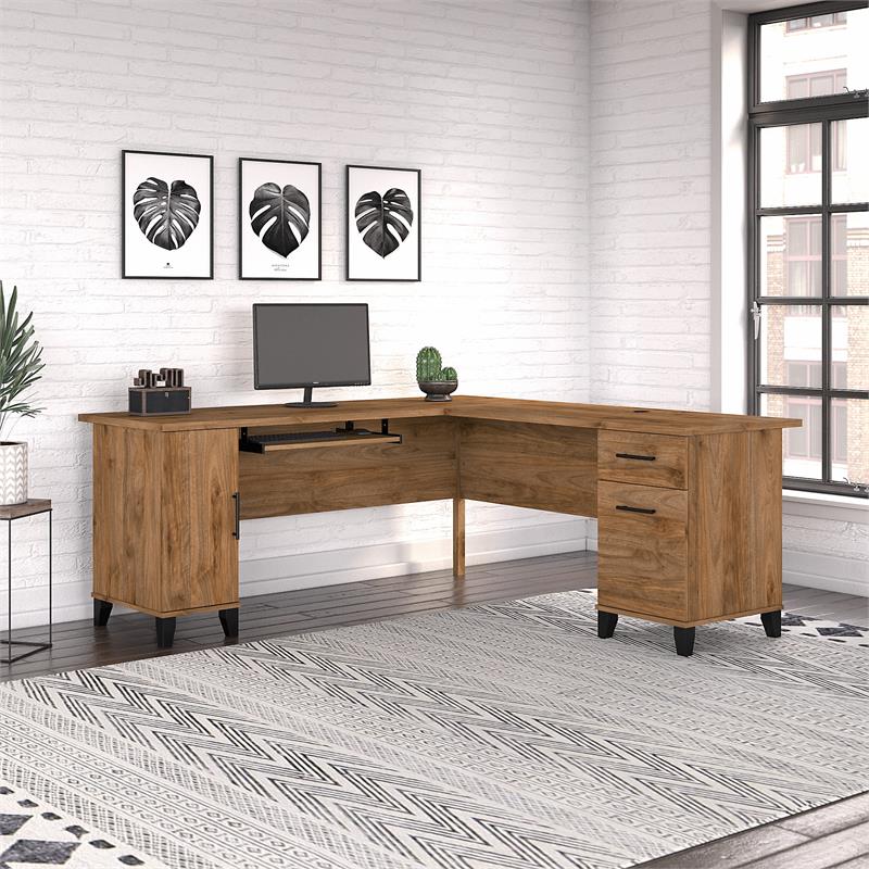 Pemberly Row 72W L Shaped Desk with Storage in Fresh Walnut - Engineered Wood