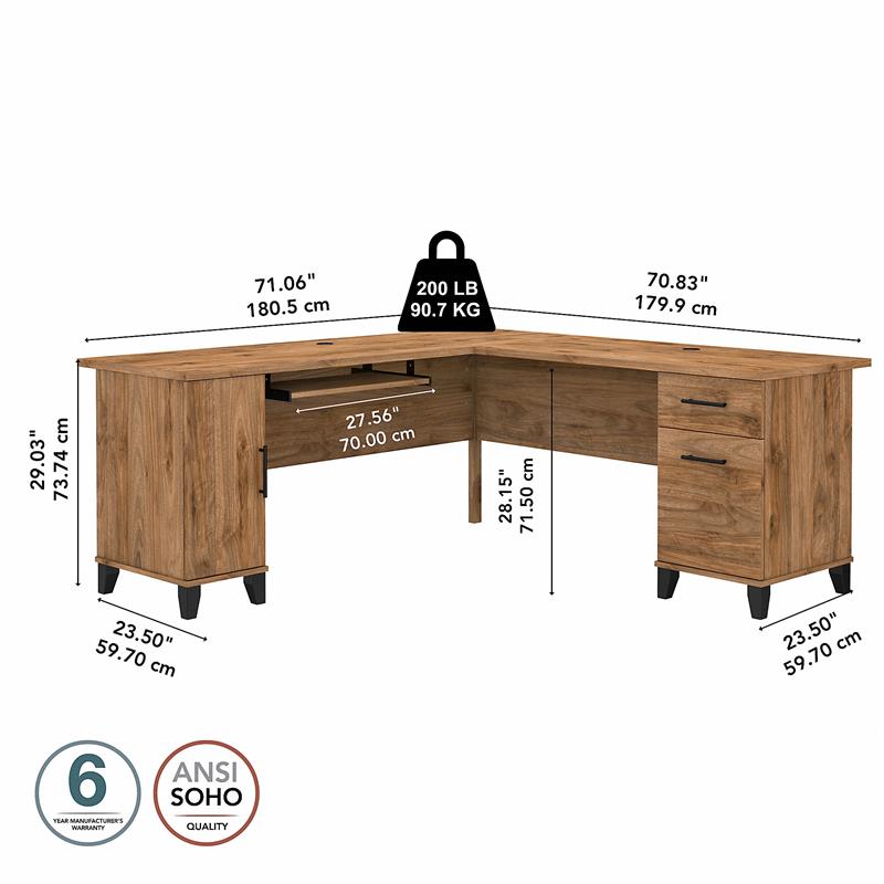 Pemberly Row 72W L Shaped Desk with Storage in Fresh Walnut - Engineered Wood