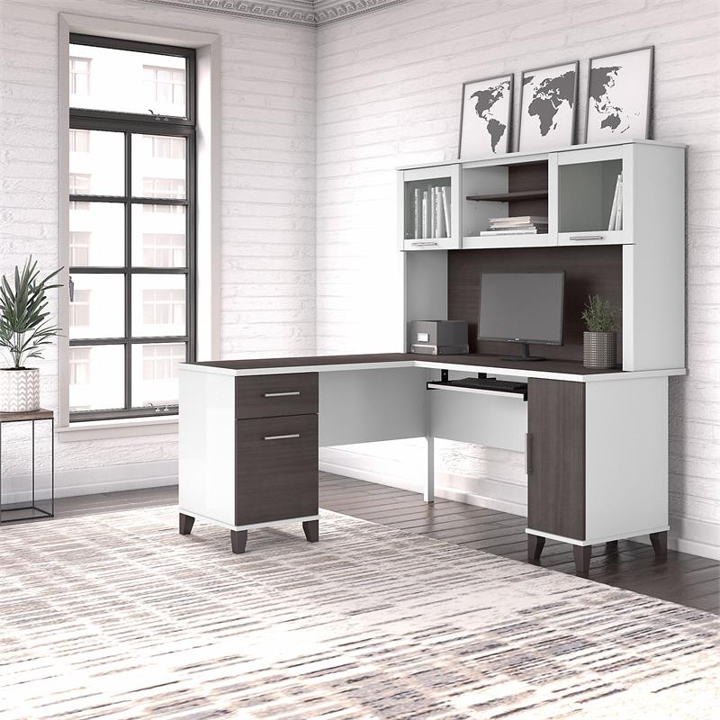 Pemberly Row 60W L Shaped Desk w/ Hutch in White & Storm Gray - Engineered Wood