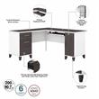 Pemberly Row 60W L Shaped Desk w/ Hutch in White & Storm Gray - Engineered Wood