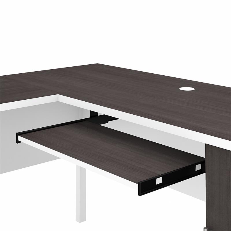 Pemberly Row 60W L Shaped Desk w/ Hutch in White & Storm Gray - Engineered Wood