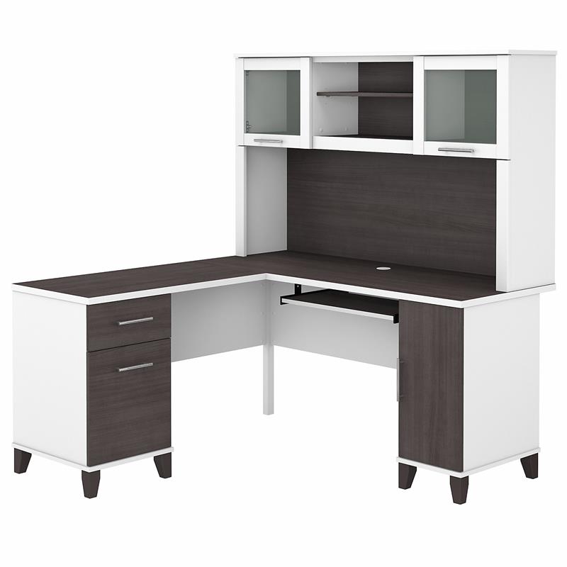 Pemberly Row 60W L Shaped Desk w/ Hutch in White & Storm Gray - Engineered Wood