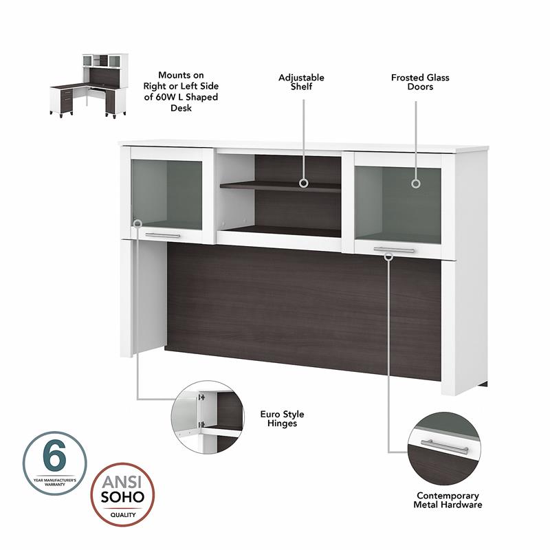 Pemberly Row 60W L Desk with Hutch and Bookcase in White/Gray - Engineered Wood