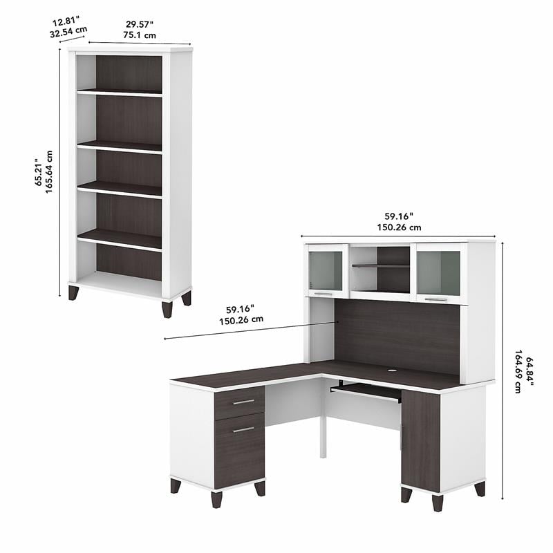 Pemberly Row 60W L Desk with Hutch and Bookcase in White/Gray - Engineered Wood