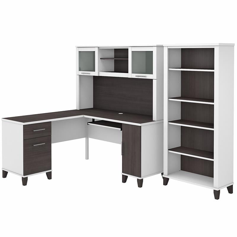 Pemberly Row 60W L Desk with Hutch and Bookcase in White/Gray - Engineered Wood