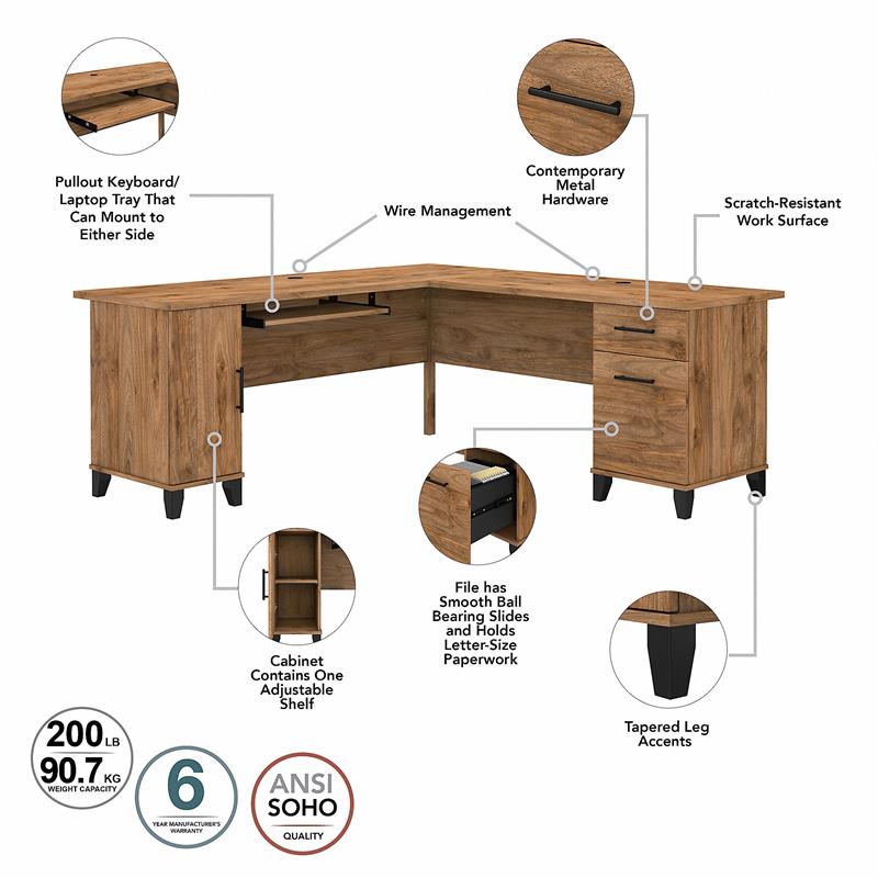 Pemberly Row 72W L Desk with Hutch and Storage in Fresh Walnut - Engineered Wood