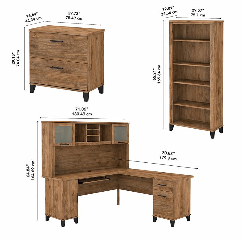 Pemberly Row 72W L Desk with Hutch and Storage in Fresh Walnut - Engineered Wood