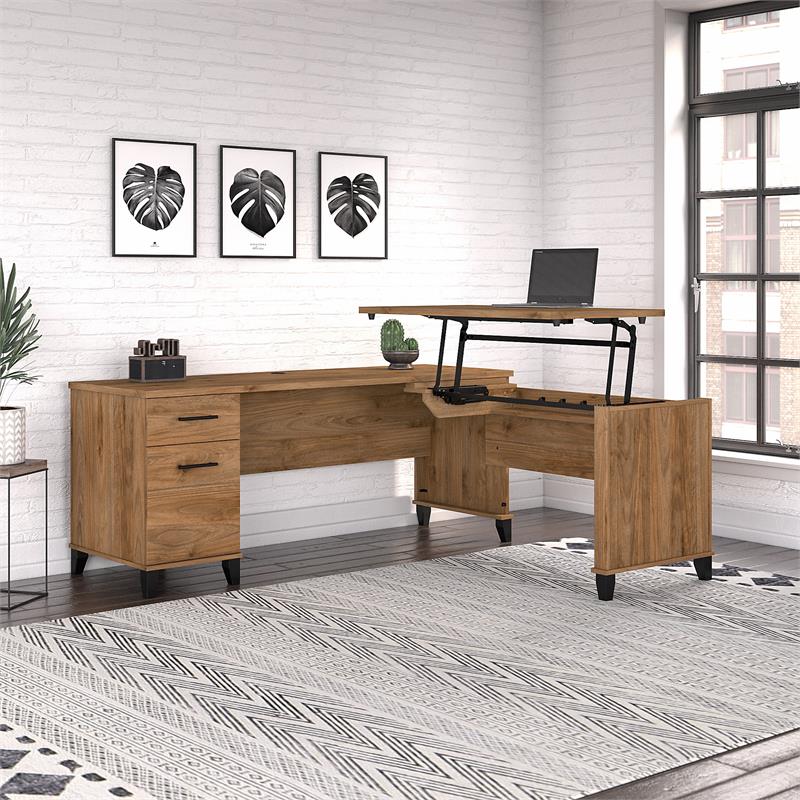 Pemberly Row Engineered Wood 3 Position Sit to St& L Shaped Desk in Fresh Walnut