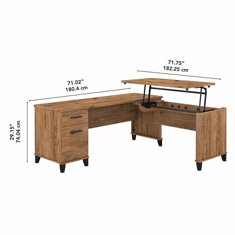 Pemberly Row Engineered Wood 3 Position Sit to St& L Shaped Desk in Fresh Walnut