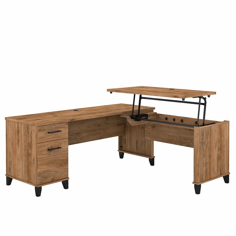 Pemberly Row Engineered Wood 3 Position Sit to St& L Shaped Desk in Fresh Walnut