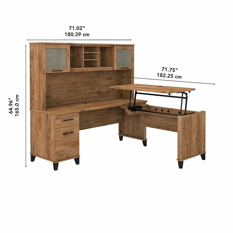 Pemberly Row 72W Sit to St& L Desk with Hutch in Fresh Walnut - Engineered Wood