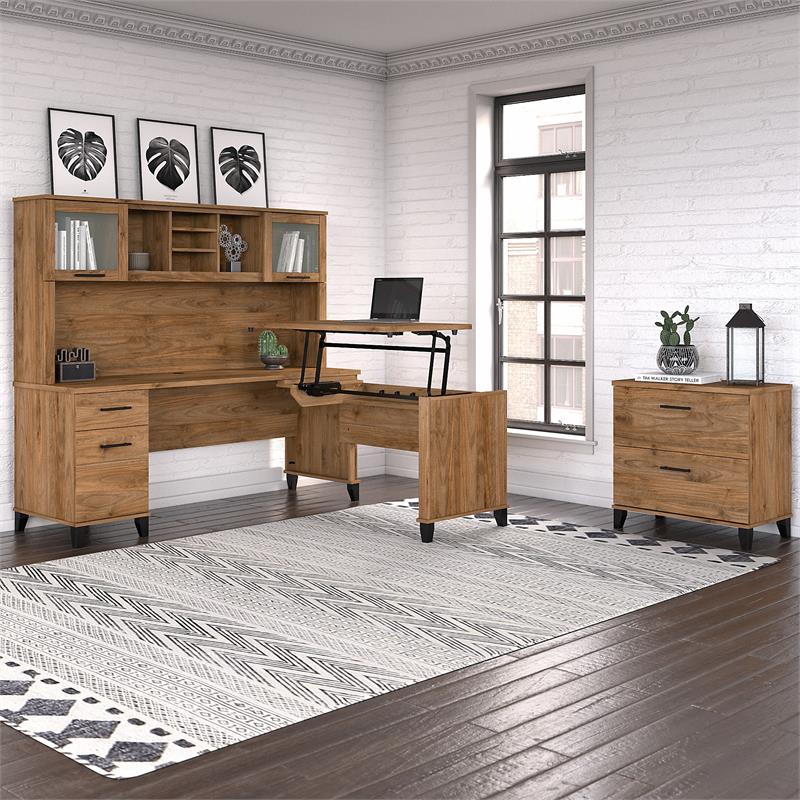 Pemberly Row Sit-Stand L Desk Set with File Cabinet in Walnut - Engineered Wood