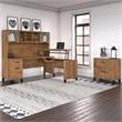 Pemberly Row Sit-Stand L Desk Set with File Cabinet in Walnut - Engineered Wood