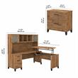 Pemberly Row Sit-Stand L Desk Set with File Cabinet in Walnut - Engineered Wood