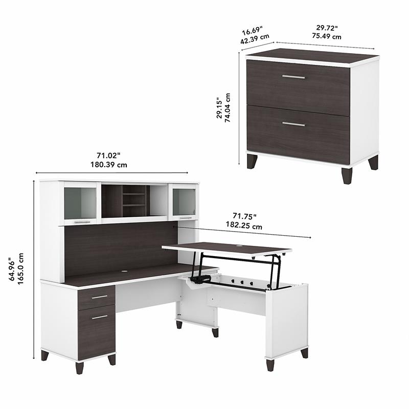 Pemberly Row Sit-St& L Desk Set w/ File Cabinet in White/Gray - Engineered Wood