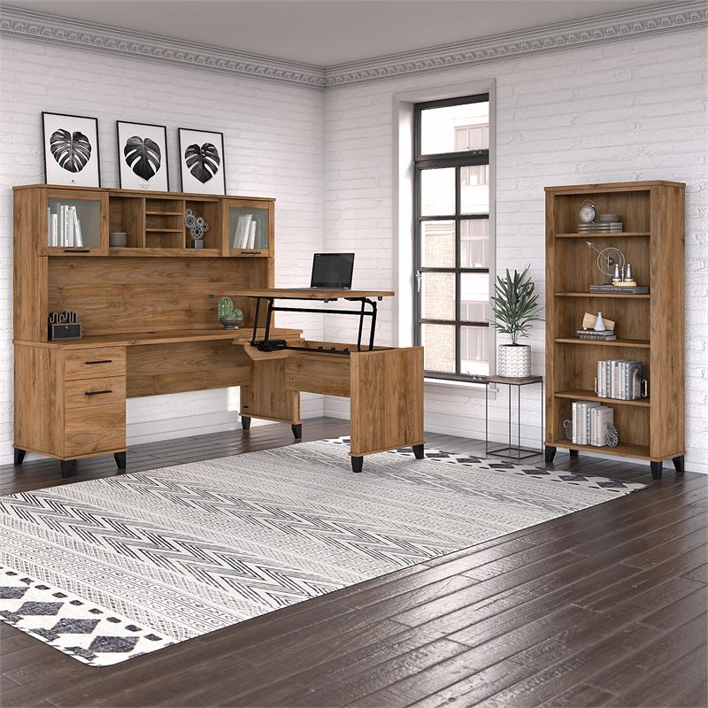 Pemberly Row Engineered Wood Sit to St& L Desk Set w/ Bookcase in Fresh Walnut