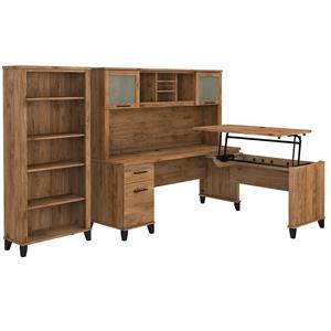 Pemberly Row Engineered Wood Sit to St& L Desk Set w/ Bookcase in Fresh Walnut