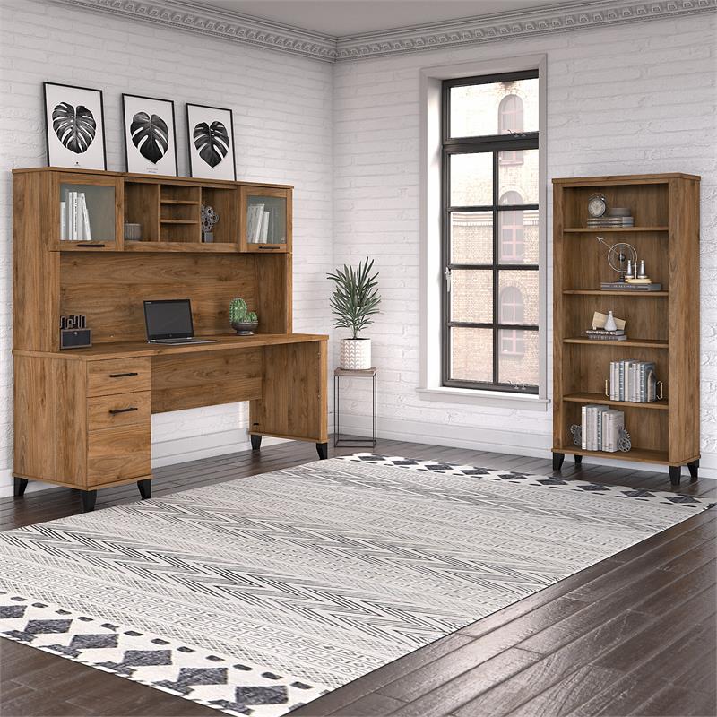 Pemberly Row 72W Desk with Hutch and Bookcase in Fresh Walnut - Engineered Wood
