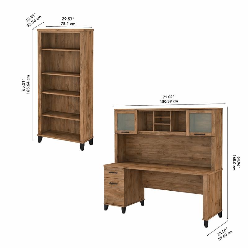 Pemberly Row 72W Desk with Hutch and Bookcase in Fresh Walnut - Engineered Wood