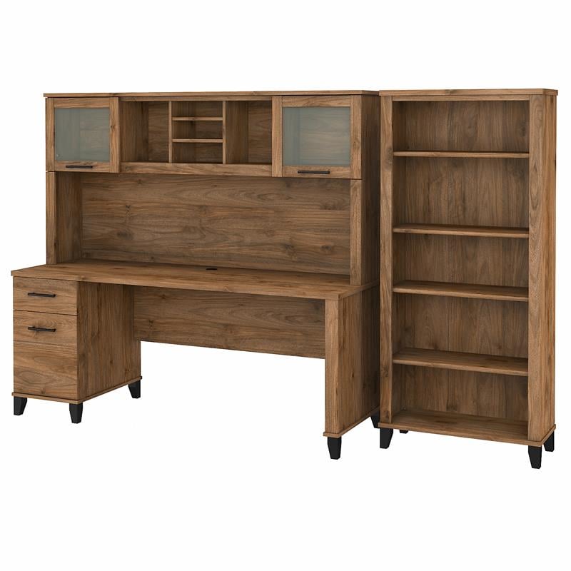 Pemberly Row 72W Desk with Hutch and Bookcase in Fresh Walnut - Engineered Wood
