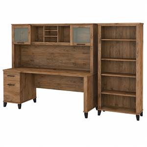 Pemberly Row 72W Desk with Hutch and Bookcase in Fresh Walnut - Engineered Wood