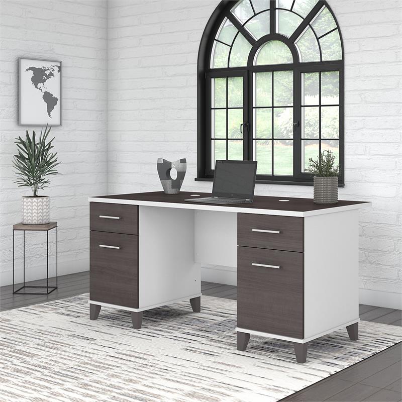 Pemberly Row 60W Office Desk w/ Drawers in White & Storm Gray - Engineered Wood