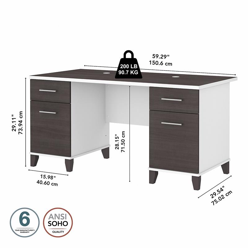 Pemberly Row 60W Office Desk w/ Drawers in White & Storm Gray - Engineered Wood