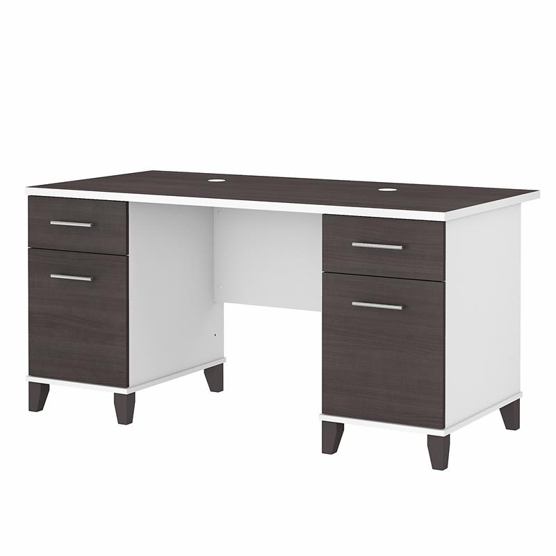 Pemberly Row 60W Office Desk w/ Drawers in White & Storm Gray - Engineered Wood