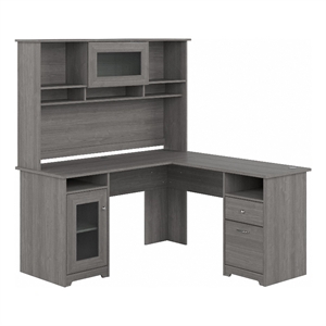 Pemberly Row 60W L Shaped Computer Desk with Hutch in Gray - Engineered Wood