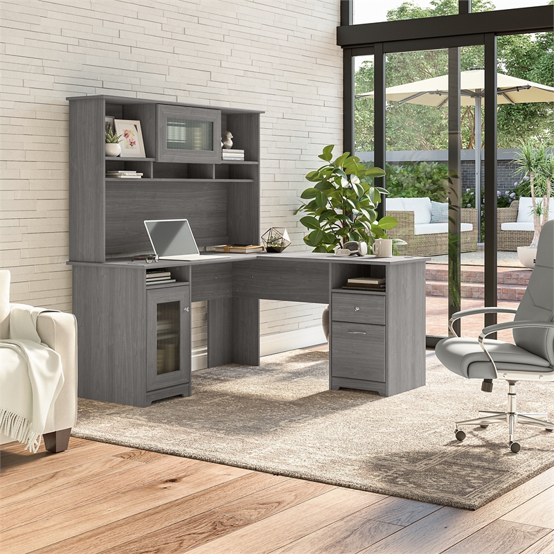 Pemberly Row 60W L Shaped Computer Desk with Hutch in Gray - Engineered Wood