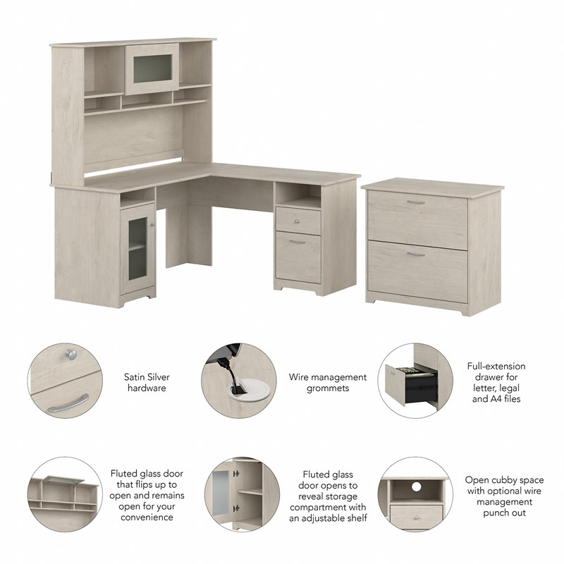 Pemberly Row Engineered Wood L Desk w/ Hutch & File Cabinet in Linen White Oak