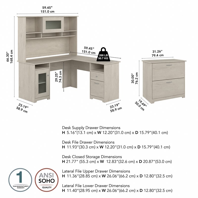 Pemberly Row Engineered Wood L Desk w/ Hutch & File Cabinet in Linen White Oak