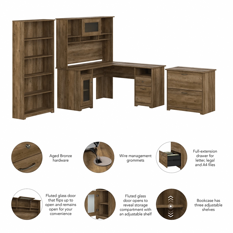 Pemberly Row Engineered Wood L Shaped Desk w/ Hutch & Storage in Reclaimed Pine