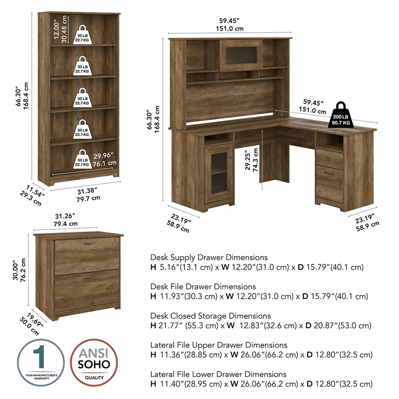 Pemberly Row Engineered Wood L Shaped Desk w/ Hutch & Storage in Reclaimed Pine
