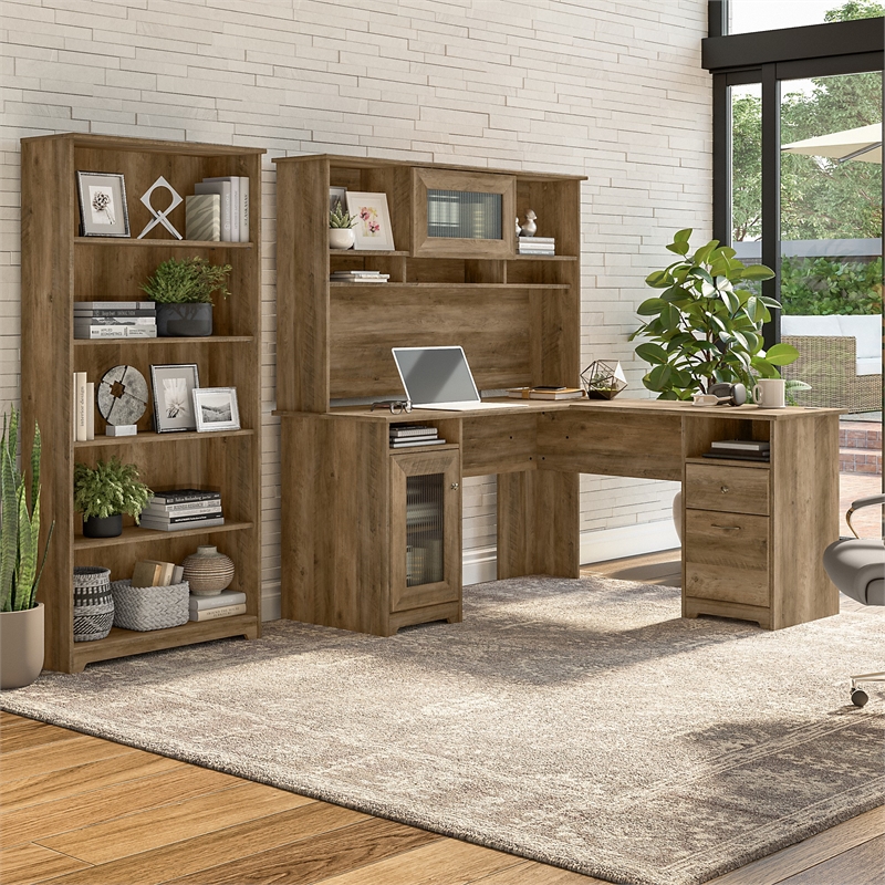 Pemberly Row Engineered Wood L Shaped Desk w/ Hutch & Bookcase in Reclaimed Pine