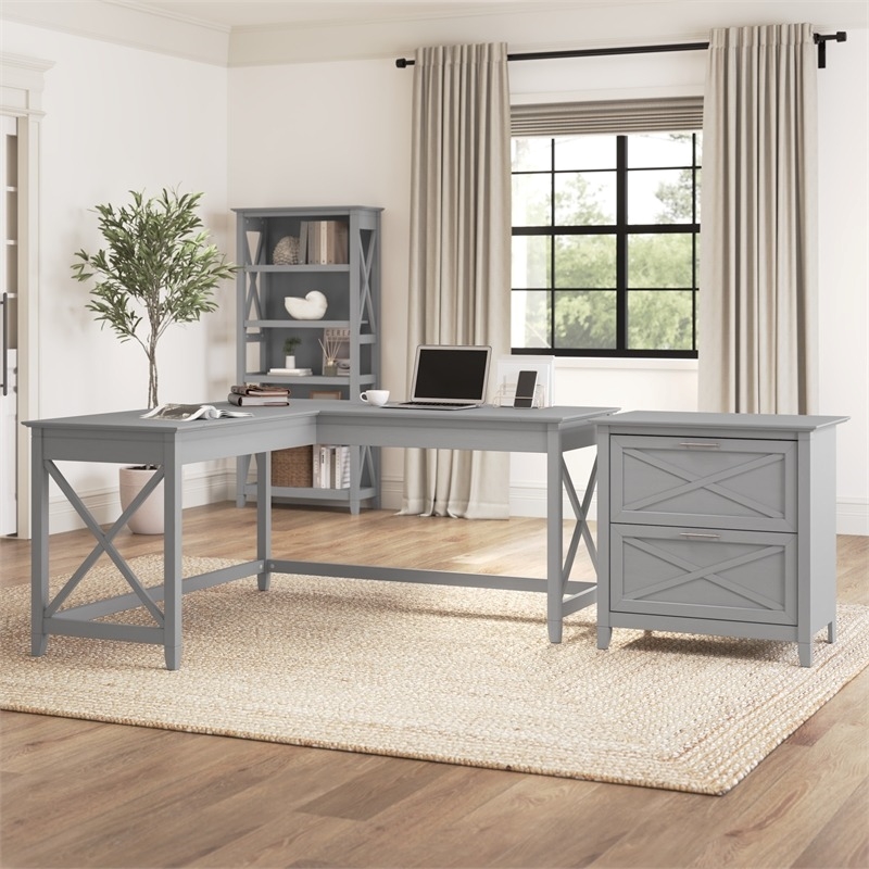 Pemberly Row Engineered Wood L Desk with Lateral File Cabinet in Gray