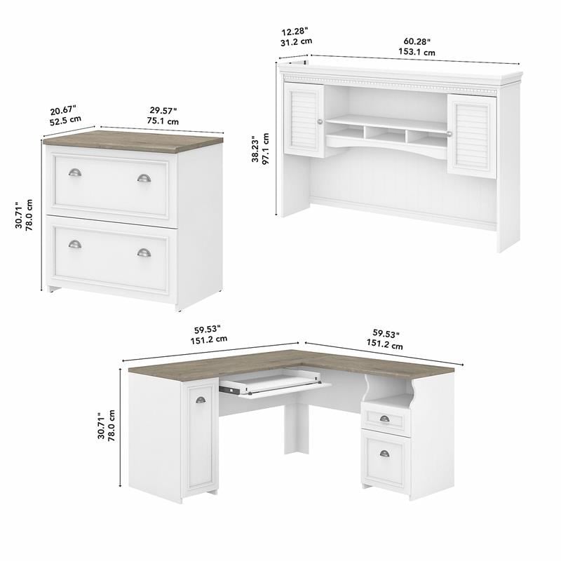Pemberly Row L Desk with Hutch & File Cabinet in White & Gray - Engineered Wood