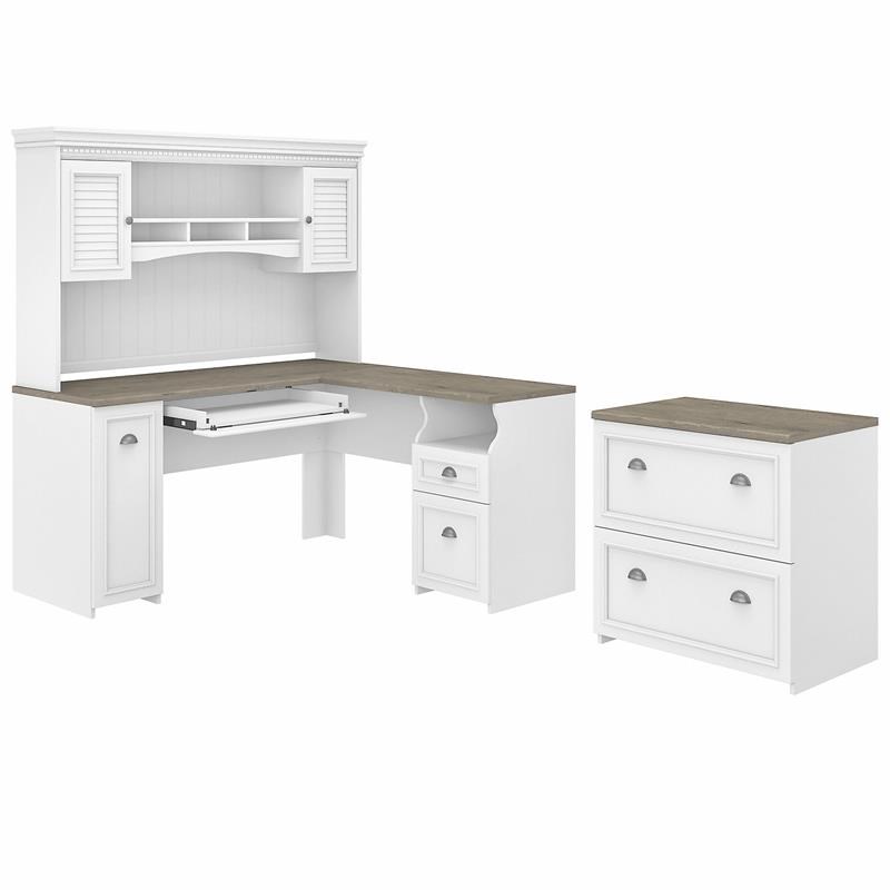 Pemberly Row L Desk with Hutch & File Cabinet in White & Gray - Engineered Wood